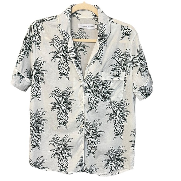 Desmond & Dempsey Howie Pineapple Print Cotton Top White Green Small Tropical - Picture 1 of 5
